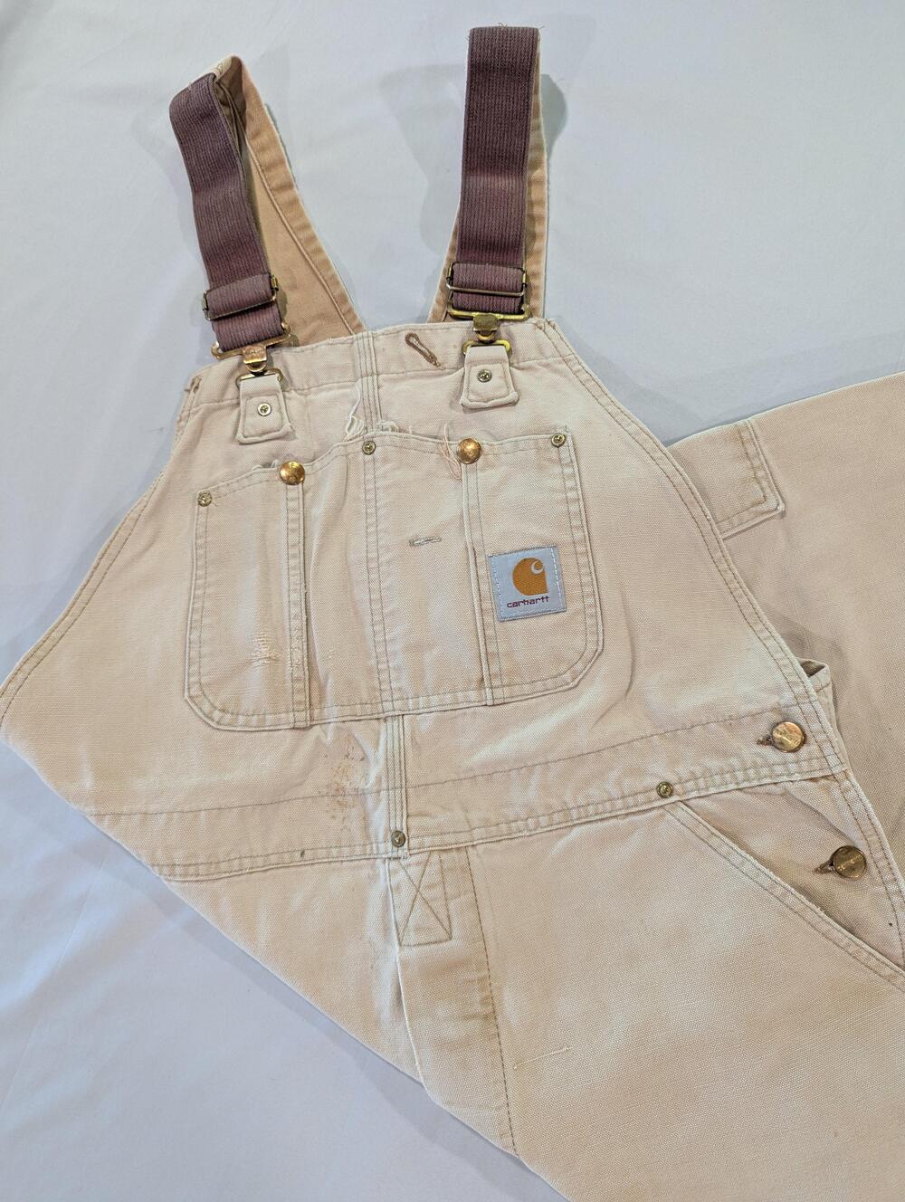 Carhartt Overalls Mens Beige Duck Canvas Bib 40x30 Carpenter Utility Pockets